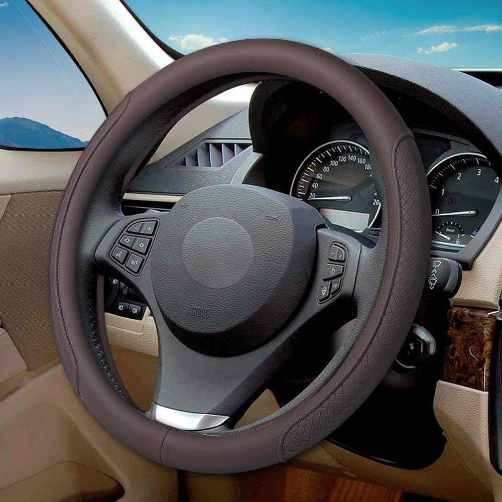 Microfiber Leather Steering Wheel Cover, Classic Embossing, Anti-Slip, Breathable, 15 Inch, Gray