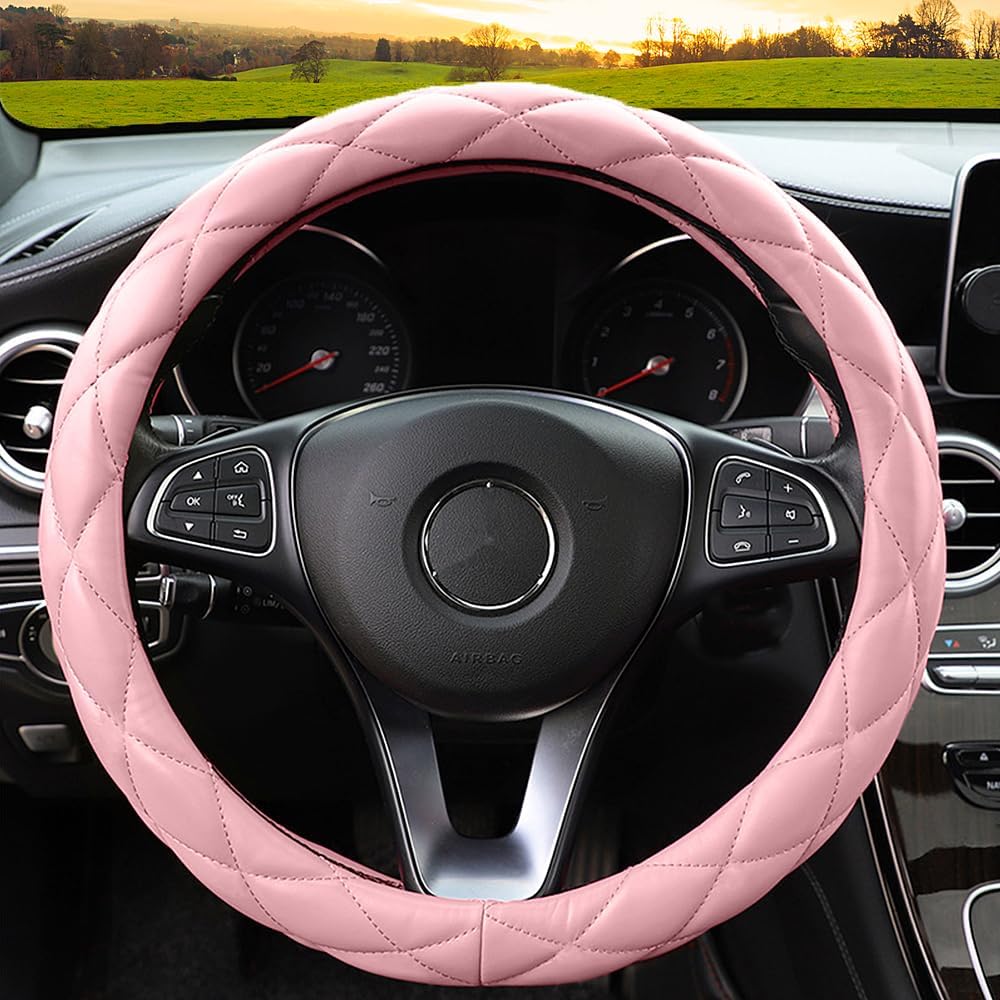 YHONGJT Soft Microfiber Leather Steering Wheel Cover, Universal 15 Inch for Women Girls, Fit Vehicles, Sedans, SUVs, Vans, Trucks - Light Pink
