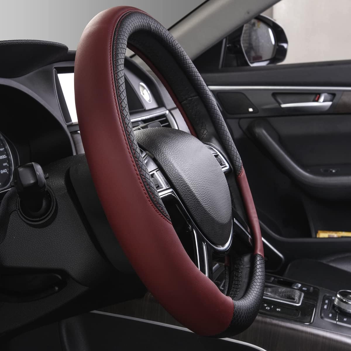 CAR PASS Rhombus Leather Universal Steering Wheel Cover, Fit for Suvs,Trucks,Cars,Sedans,Vans (Black&Burgundy)