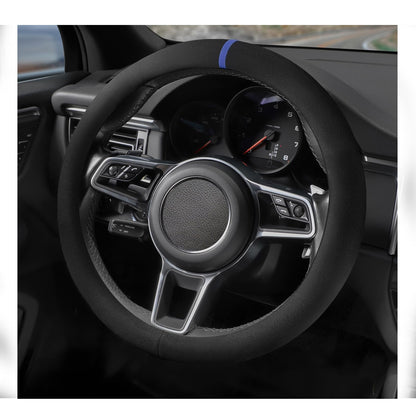 Suede Steering Wheel Cover with Upgraded Silicone Inner Ring, Anti Heat, Breathable, Anti-Slip, Leather Universal 14.5 to 15 inch Steering Wheel Cover (Black and Red, Solid)