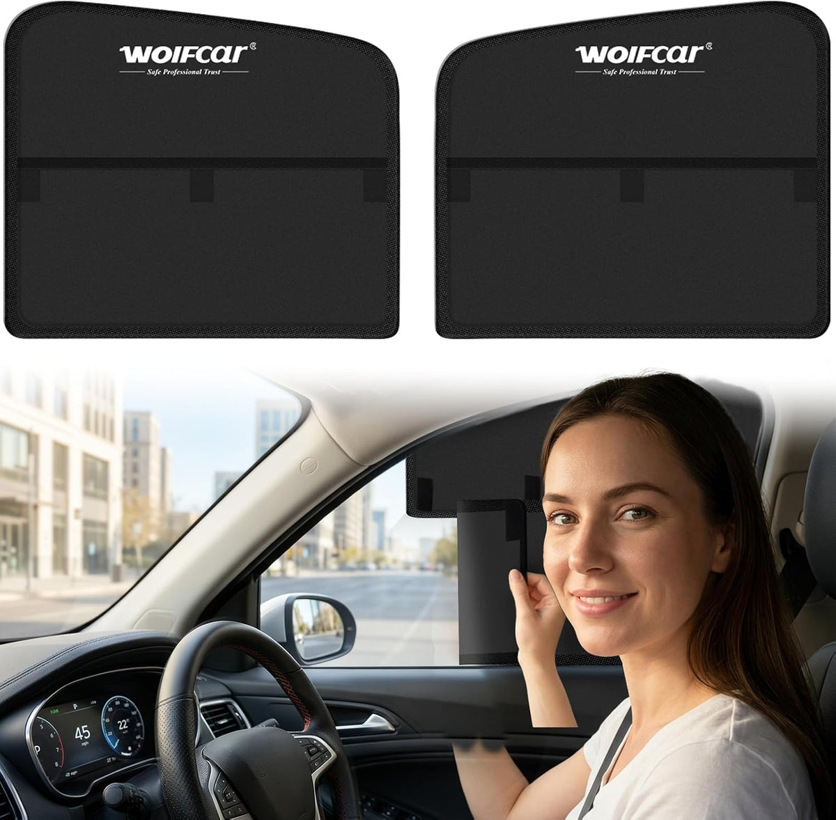 Wolfcar Car Window Shades for Front Side Windows, 2-in-1 Magnetic Detachable Car Window Covers with Hook-and-Loop, Keeps Side Mirrors Clear, Blocks UV & Glare, Car Curtains for SUV/Truck, 2 Pcs