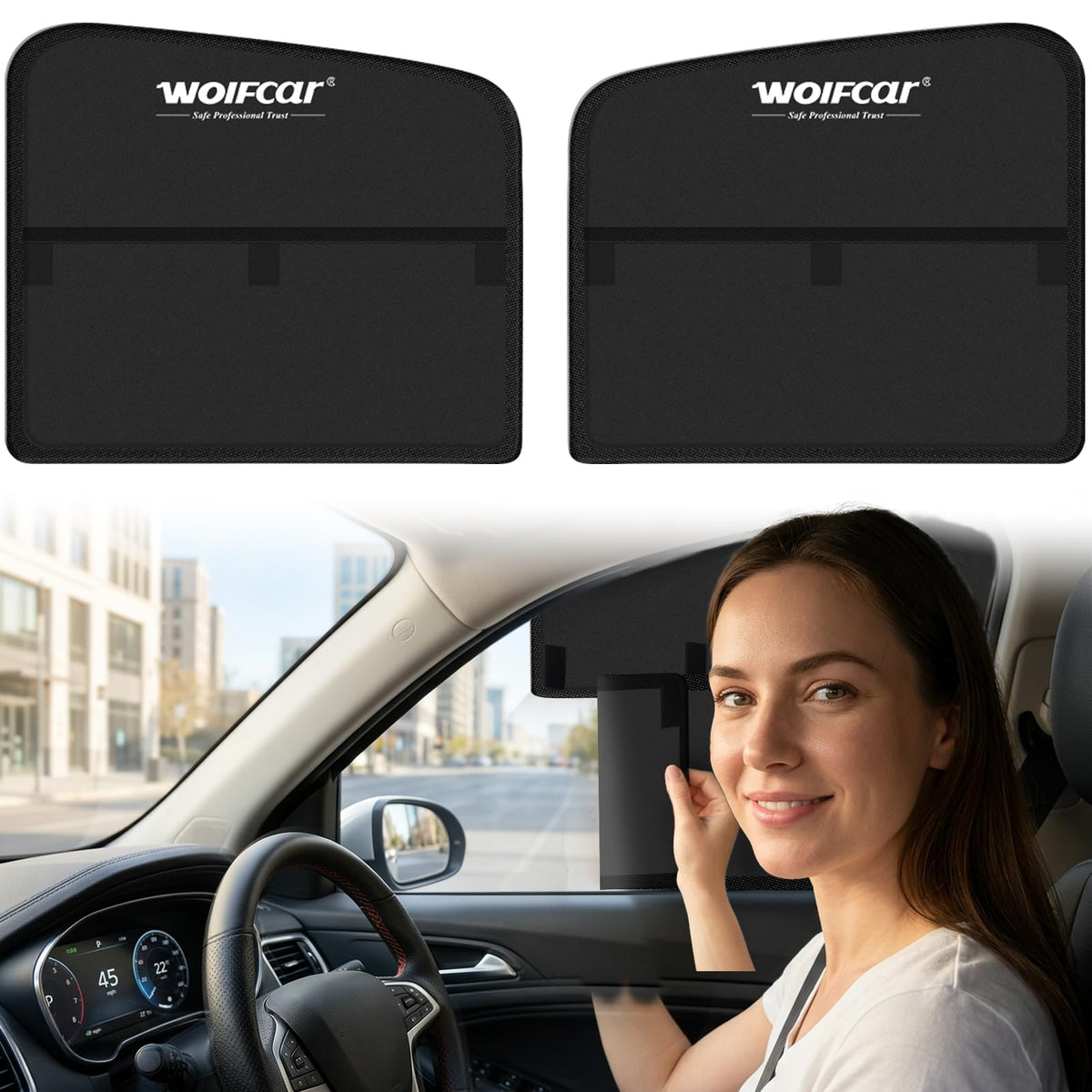 Wolfcar Car Window Shades for Front Side Windows, 2-in-1 Magnetic Detachable Car Window Covers with Hook-and-Loop, Keeps Side Mirrors Clear, Blocks UV & Glare, Car Curtains for SUV/Truck, 2 Pcs