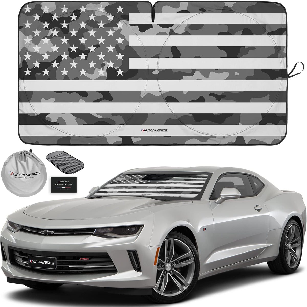 Autoamerics 1-Piece Windshield Sun Shade B&W American Flag USA Patriotic Design - Foldable Car Front Window Sunshade for Most Sedans SUV Truck - Blocks Max UV Rays and Keeps Your Vehicle Cool - Small