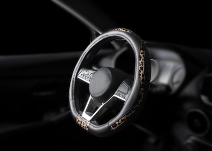 Road Comforts Steering Wheel Cover - Flat Bottom Wheel Cover Made with PVC Leather and Leopard Fabric - Universal Fit for 15-Inch D-Shaped Automotive Steering Wheels (Black Color)