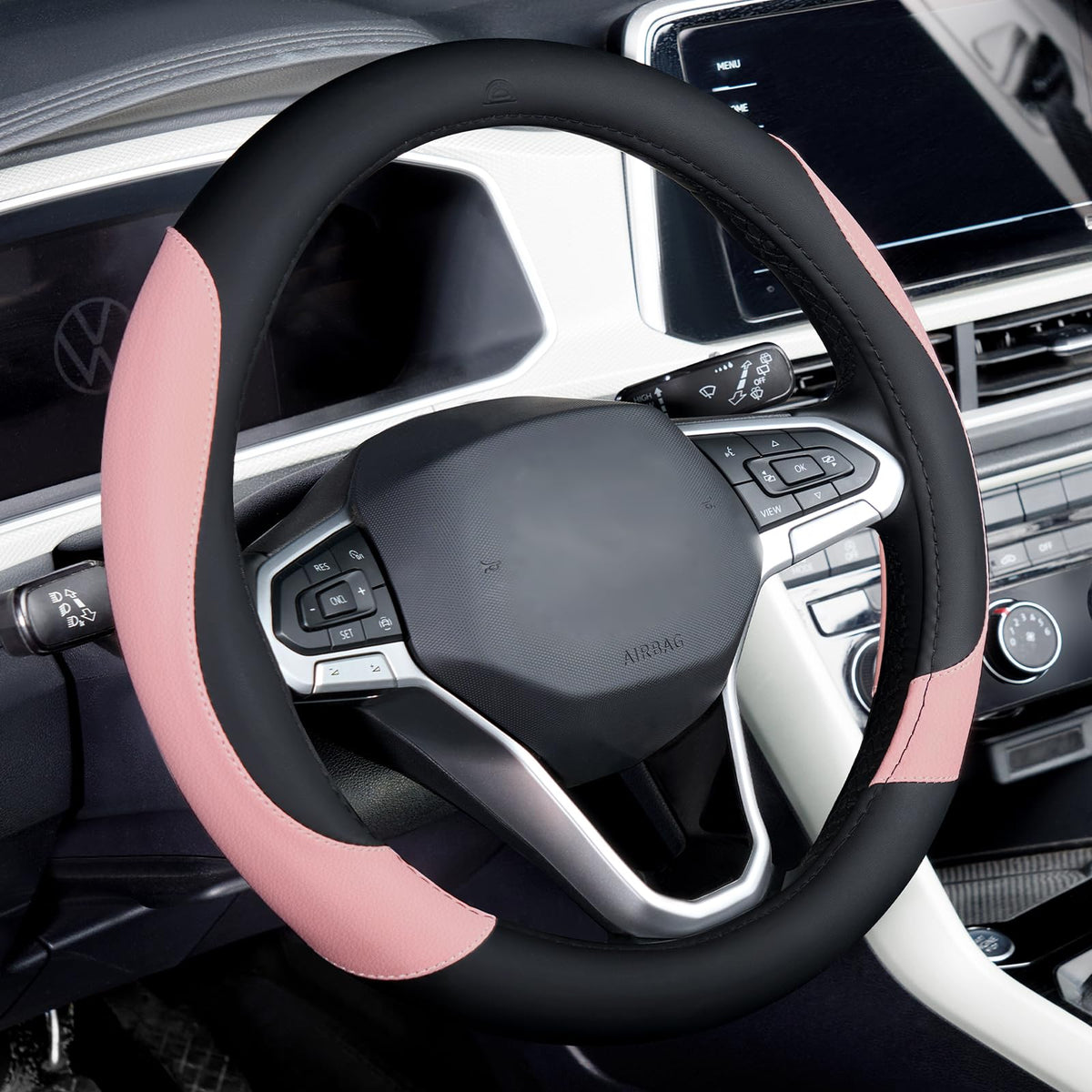 Coverado Car Steering Wheel Cover, Nappa Leather Black & Brown Steering Wheel Covers, Universal 14-15 inch, Anti-Slip, Breathable Steering Wheel Protector for Women Men