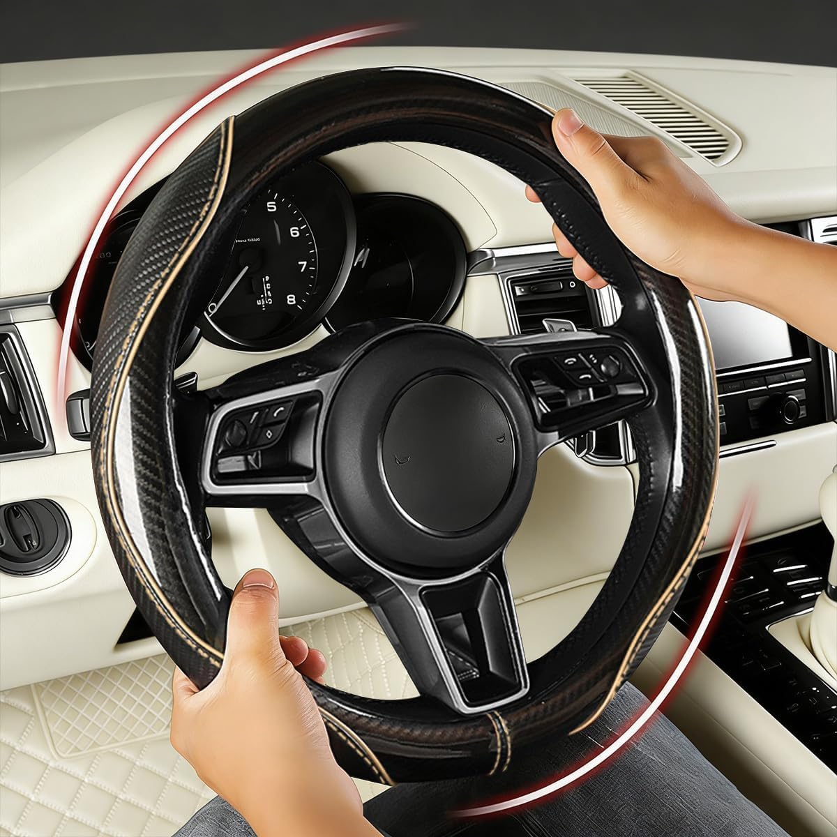 Car Steering Wheel Cover, 14.5-15 Inch Carbon Fiber, Beige