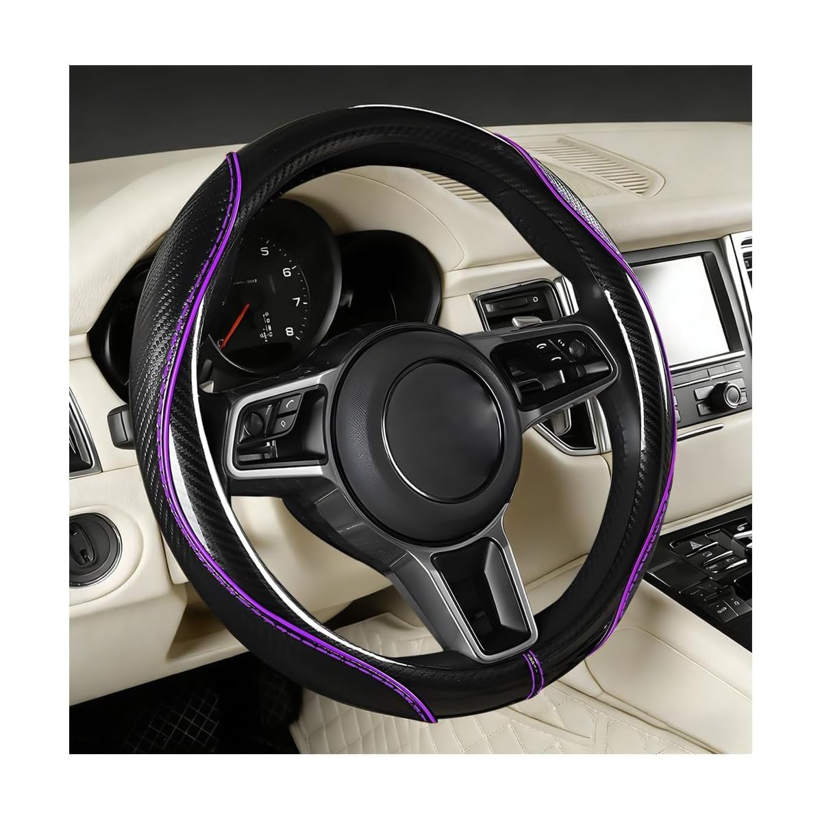 Car Steering Wheel Cover, 14.5-15 Inch Carbon Fiber, Beige