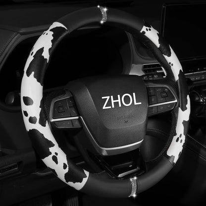 Cow Print Steering Wheel Cover,14.5-15",Microfiber Leather,Anti-Slip,Women