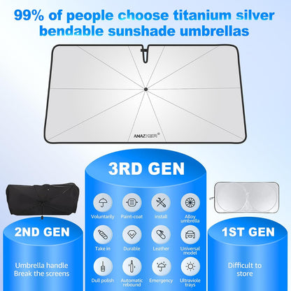 [2026 Upgrade] Car Windshield Sun Shade Umbrella - [10 Fiberglass Ribs][360° Bendable][100% Sun Block] [240T Thickened Titanium Silver ] Ice-Shield Protect Car from Sun Rays Heat Damage