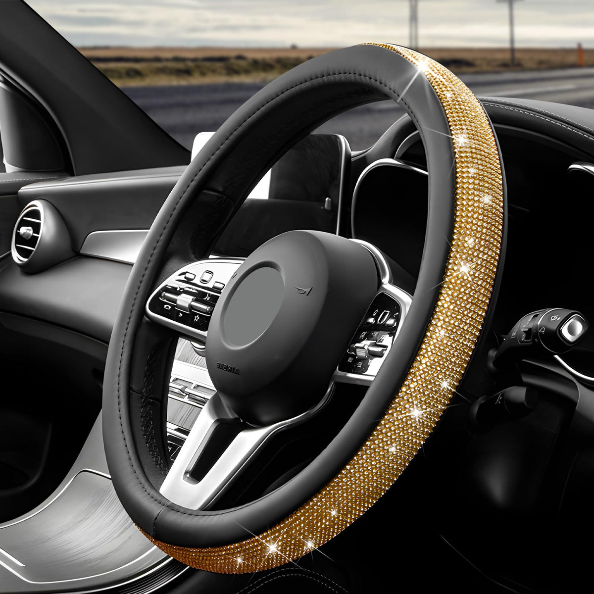 Diamond Leather Steering Wheel Cover, 15 Inch Bling Crystal Rhinestone Anti-Slip Wheel Protector, Universal Sparkling Elegant Diamond Steering Wheels Cover for Women Girl (White&Pink)