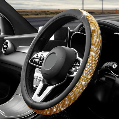 Diamond Leather Steering Wheel Cover, 15 Inch Bling Crystal Rhinestone Anti-Slip Wheel Protector, Universal Sparkling Elegant Diamond Steering Wheels Cover for Women Girl (White&Pink)