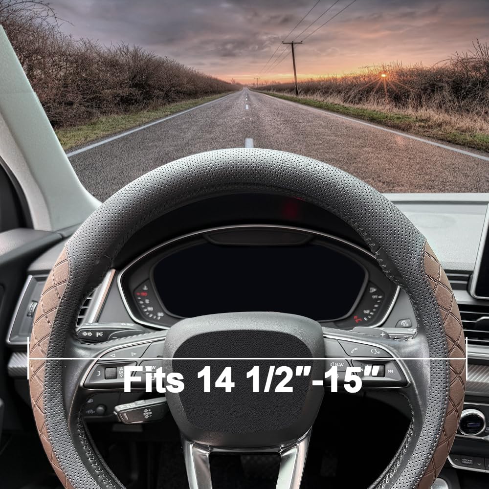 LKWLIKEI Nappa Leather Steering Wheel Cover,Elegant Diamond Checkered Design, Non-Slip wear-Resistant, Enhance Driving Comfort, Suitable for Steering Wheel Diameter 14 1/2‘-15’ Models.Black Brown