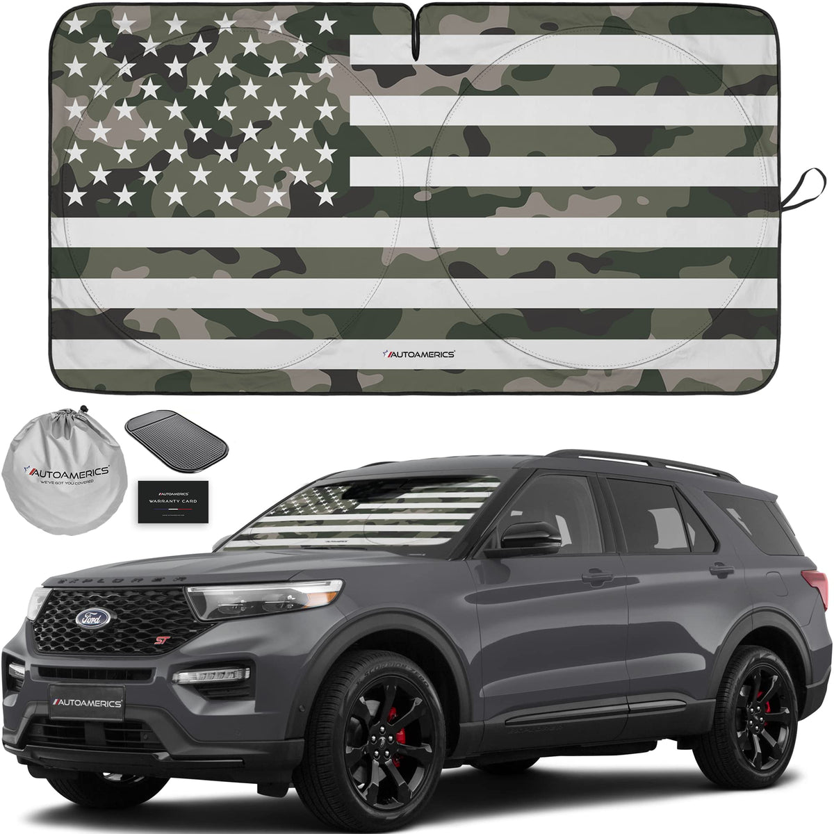 Autoamerics 1-Piece Windshield Sun Shade B&W American Flag USA Patriotic Design - Foldable Car Front Window Sunshade for Most Sedans SUV Truck - Blocks Max UV Rays and Keeps Your Vehicle Cool - Small