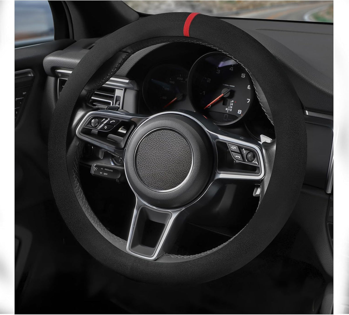 Suede Steering Wheel Cover with Upgraded Silicone Inner Ring, Anti Heat, Breathable, Anti-Slip, Leather Universal 14.5 to 15 inch Steering Wheel Cover (Black and Red, Solid)