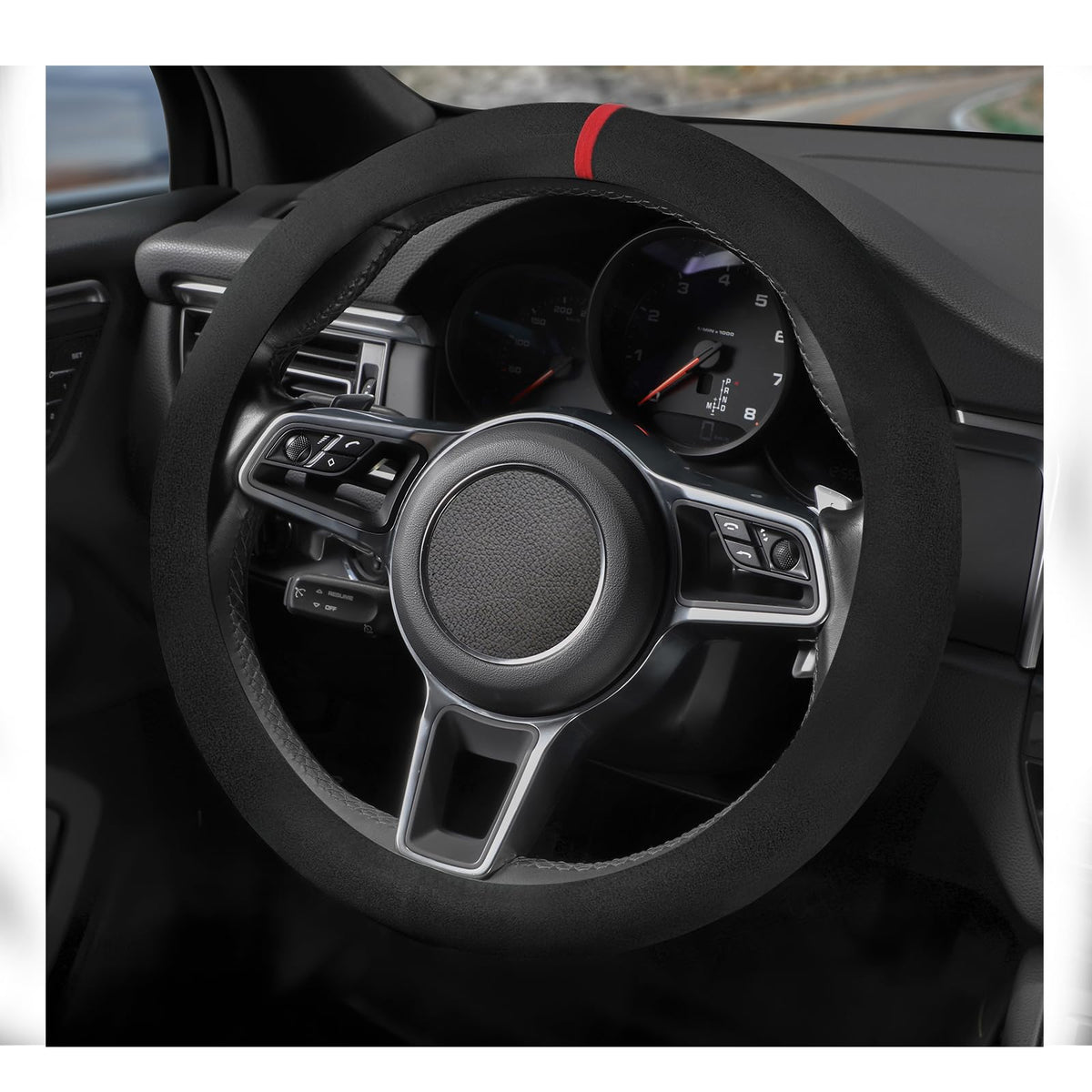 Suede Steering Wheel Cover with Upgraded Silicone Inner Ring, Anti Heat, Breathable, Anti-Slip, Leather Universal 14.5 to 15 inch Steering Wheel Cover (Black and Red, Solid)