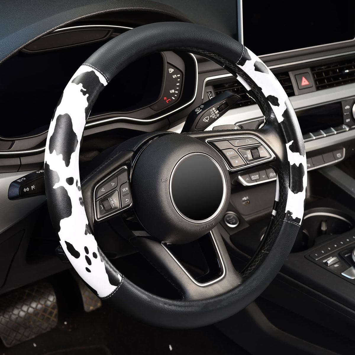 Cow Print Steering Wheel Cover,14.5-15",Microfiber Leather,Anti-Slip,Women