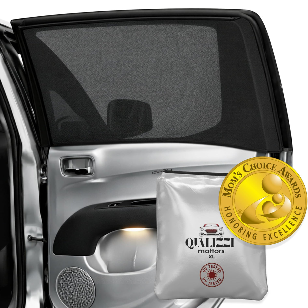XL/Car Side Window Shades for SUV. 8 Sizes/2 Pack. Stretch-to-Fit Mesh for Rear Windows Up to H:20" x W:46". Sun, Heat & Bugs Protection, Blocks 96% UVA. Camping Windows Screens | Qualizzi®