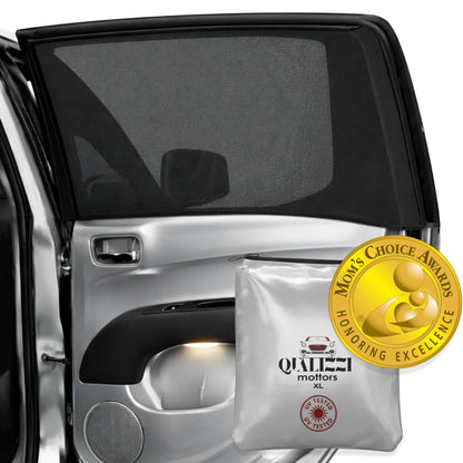 XL/Car Side Window Shades for SUV. 8 Sizes/2 Pack. Stretch-to-Fit Mesh for Rear Windows Up to H:20" x W:46". Sun, Heat & Bugs Protection, Blocks 96% UVA. Camping Windows Screens | Qualizzi®