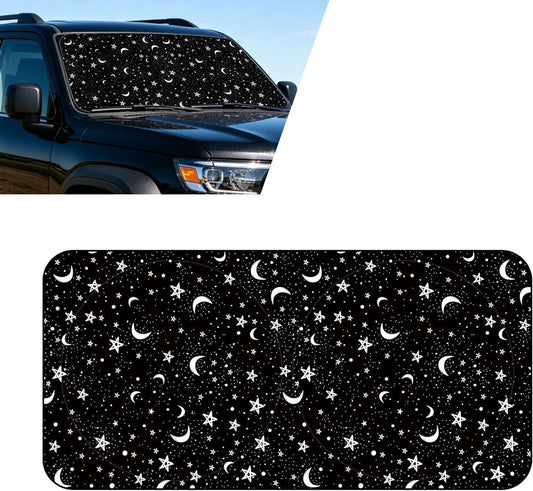 Windshield Sun Shade, Stars Moons Decorative Front Window Windshield Protector, 59" x 27.56" Sun Heat Car Visor Accessories, Universal for Most Cars, SUVs, Trucks (Black)
