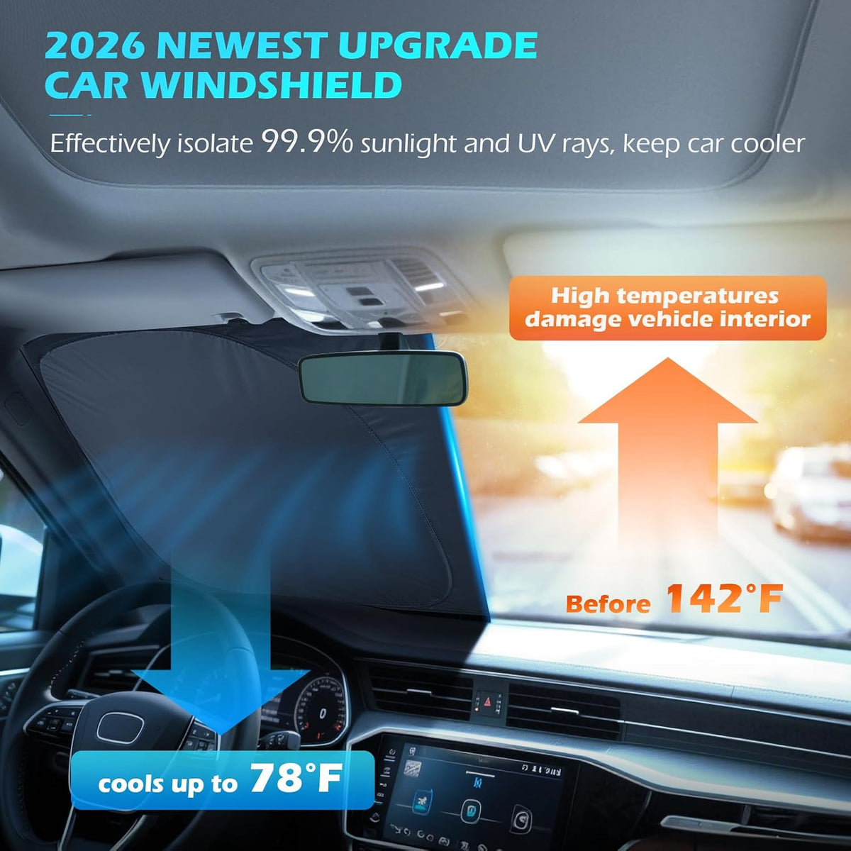 FLORICH Car Windshield Sunshade Reflective Car Sun Protection Blocks 99% Heat & Keeps Interior Cool Foldable Sun Visor Cover Universal Fits Cars, SUVs&Trucks for Summer60 L x 33" W
