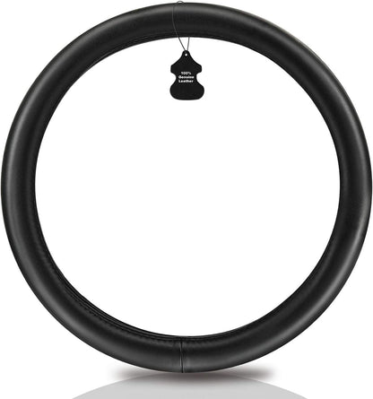 Haokay Heavy Duty Pure Cowhide Steering Wheel Cover, Black Genuine Leather Steering Wheel Cover Men Women Universal 14.5 to 15 Inch