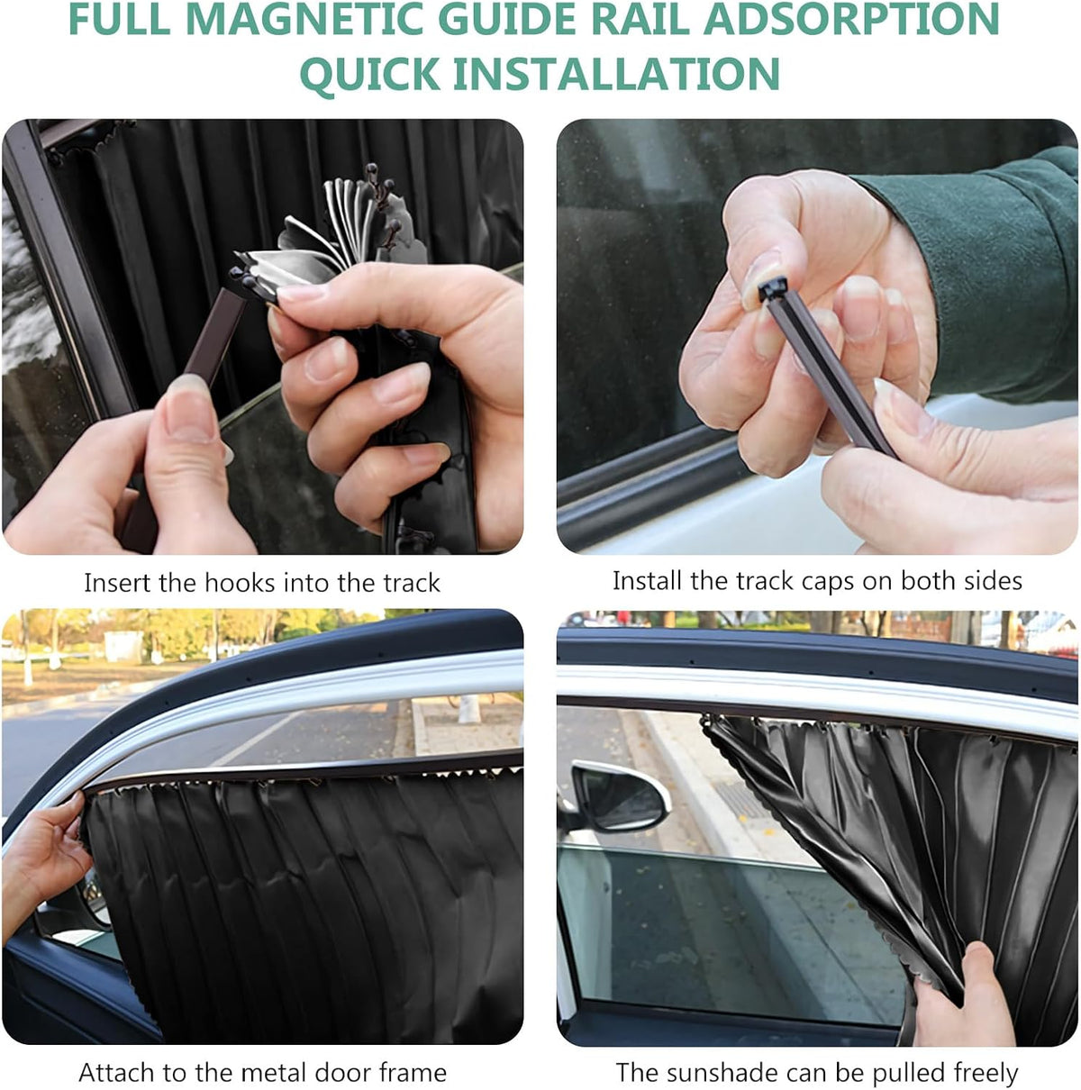 Upgrade 4 Pack Slide Rail Car Window Sun Shades for Side Window Magnetic Car Curtains for Privacy Car Window Covers Blackout Blinds to a Classy Ride for Camping Sleeping (with Straps - Black)