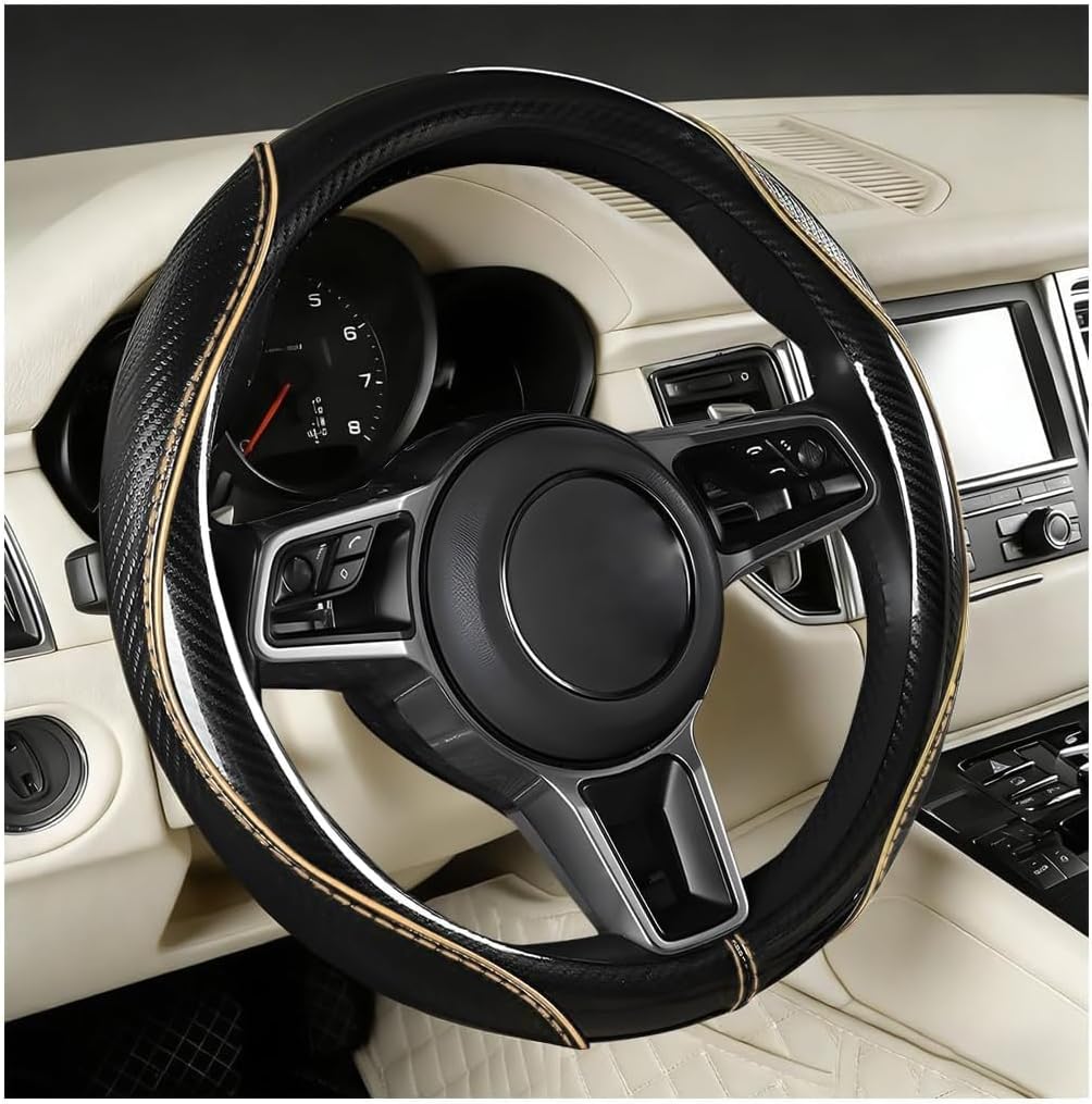 Car Steering Wheel Cover, 14.5-15 Inch Carbon Fiber, Beige