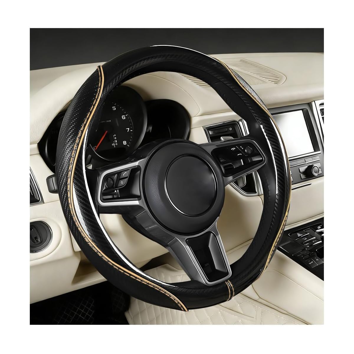 Car Steering Wheel Cover, 14.5-15 Inch Carbon Fiber, Beige