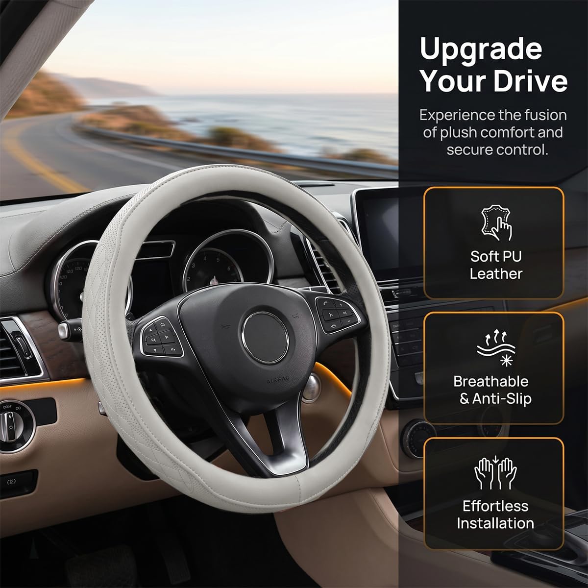 Zpana 14.5-15" Car Steering Wheel Cover, Breathable Soft Leather, White