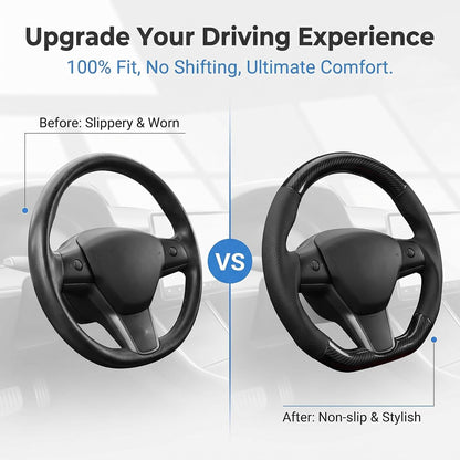 Car Steering Wheel Cover, D-shape Leather Anti-scratch Steering Wheel Protective Sleeve, Breathable Non-slip Cover for All Seasons, Universal for 14.1" - 15.3" Diameter (Carbon Fiber Black)