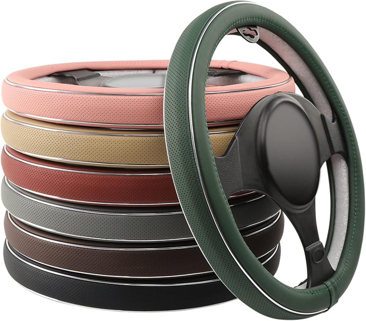 ALEMODR Green Leather Steering Wheel Cover Fiber Strip Car Steering Wheel Cover Universal 15 inch