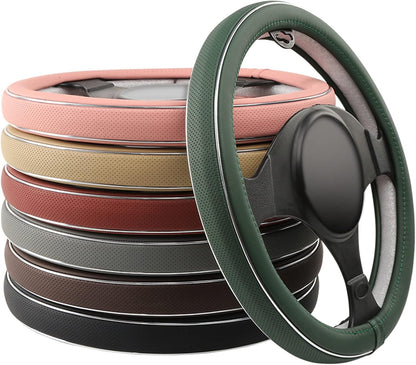 ALEMODR Green Leather Steering Wheel Cover Fiber Strip Car Steering Wheel Cover Universal 15 inch
