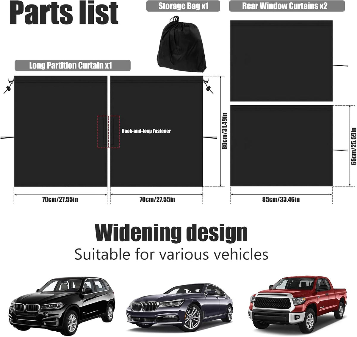 Car Privacy Curtains for Windows - 3Pcs Blackout Car Divider Curtain and Side Window Shades, Light Blocking Rear Seat Cover for Camping Sleeping Nap, Universal Fit Sedan SUV Truck
