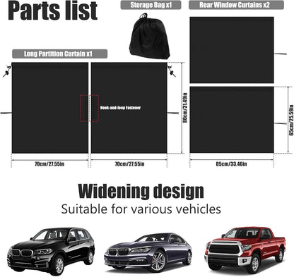 Car Privacy Curtains for Windows - 3Pcs Blackout Car Divider Curtain and Side Window Shades, Light Blocking Rear Seat Cover for Camping Sleeping Nap, Universal Fit Sedan SUV Truck