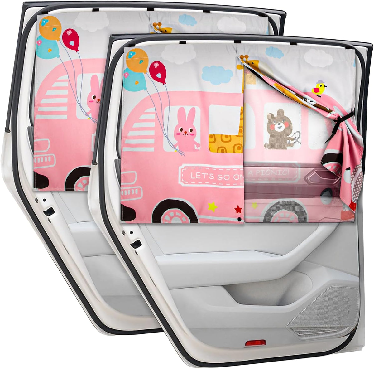 Car Window Shades, 2pcs Magnetic Car Curtains for Side Windows Privacy Full Covers/Half Shade Options, Cute Cartoon Auto Sunshades for Baby Protection Pink