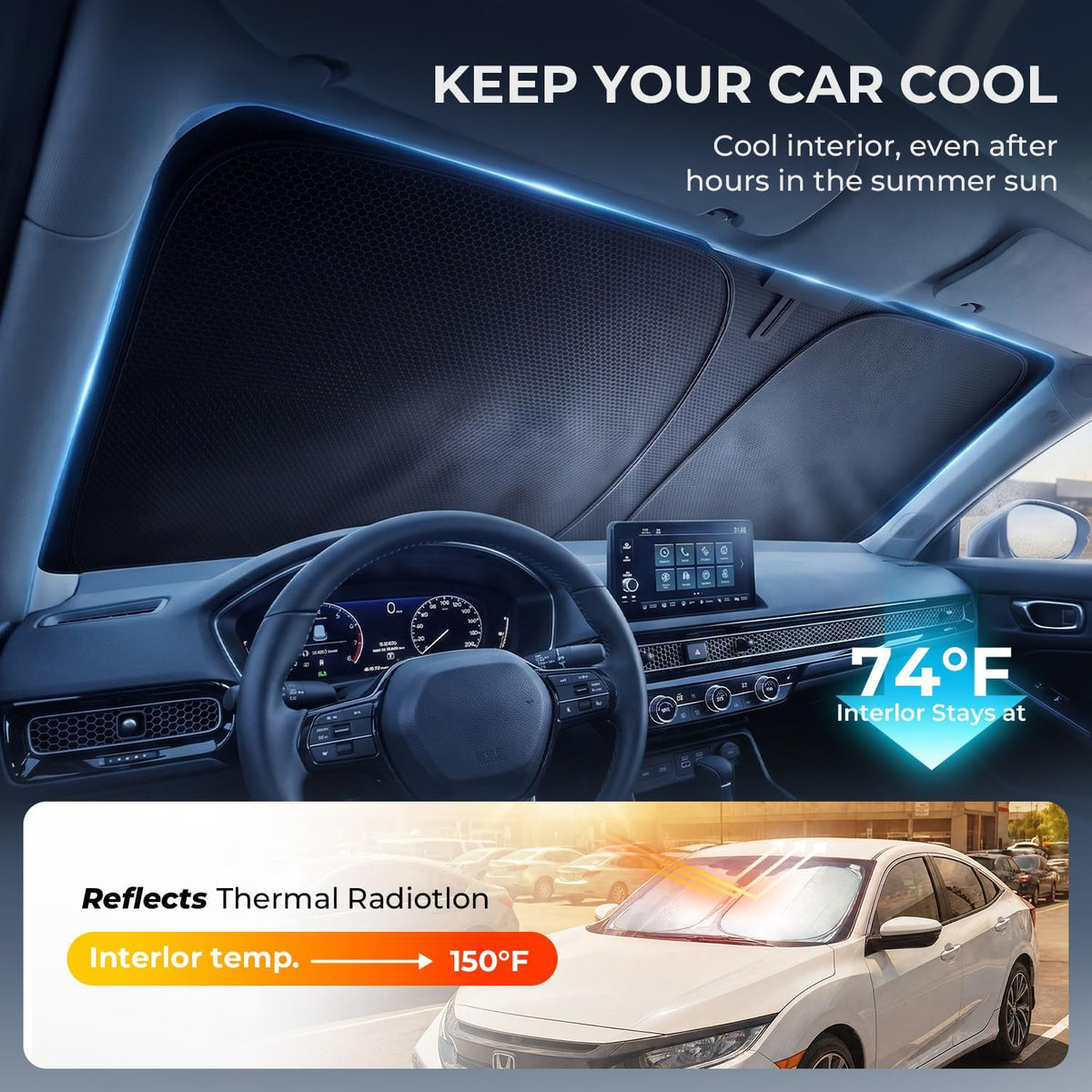 [2026 Upgraded] DooGooCcoo Windshield Sun Shade for Honda Civic 2022-2025 2026 [Cooling Ice-Crystal, 100% Sun Block ] Sunshade for Car Windshield for Honda Civic Sun Shade, Custom Fit Civic.