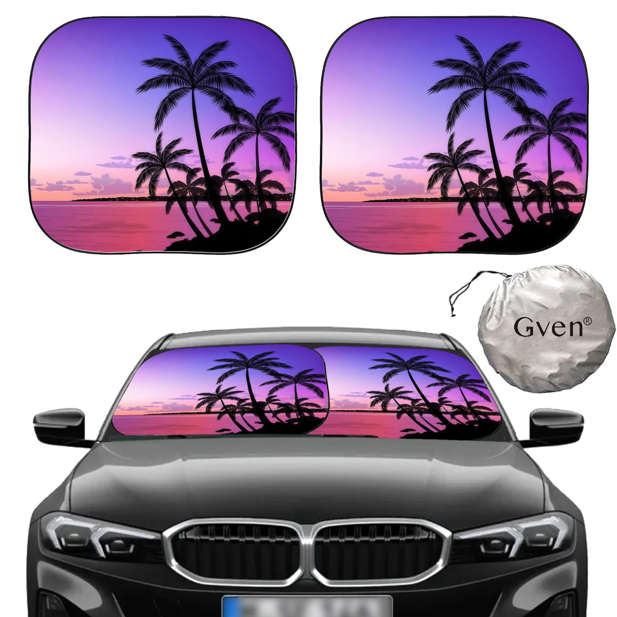 Gven Windshield Sun Shade 2pcs with Bonus Car Sunshade for Front Window Shades 2025 Technology Reflect UV and Heat Sun Visor Automotive Interior Sun Protection (Leopard, M)