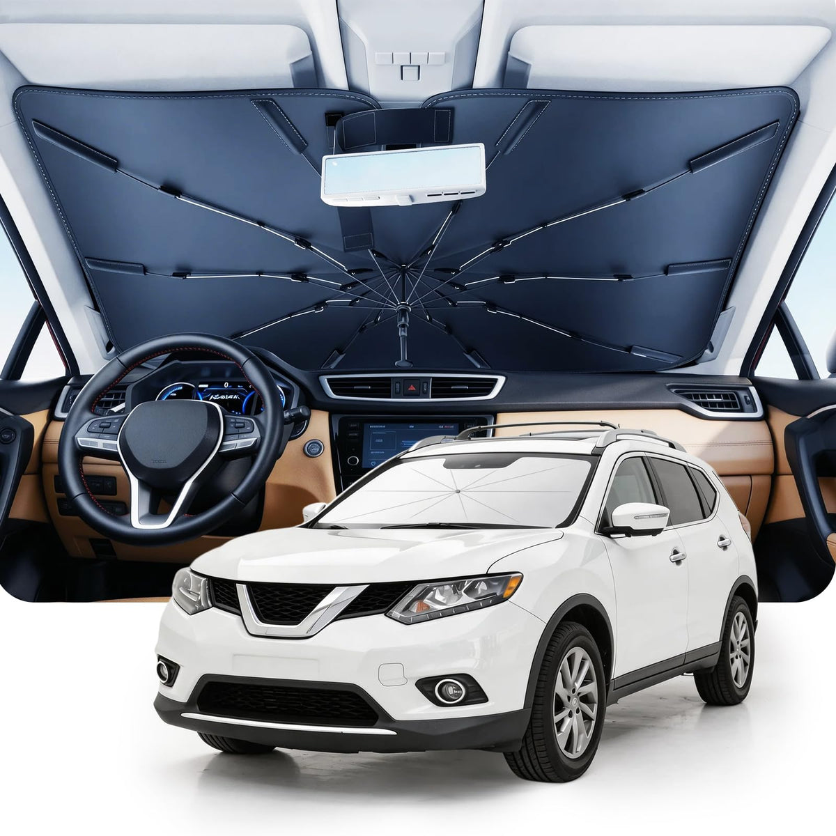 DMJN Umbrella Windshield Sun Shade for Car & SUV, Car Sunshade for Front Windshield [Nano Ice-Crystal Coatings] UPF50+ Heat & UV Block, Protect Interior & Keep Cooler Universal for Most of Sedan & SUV