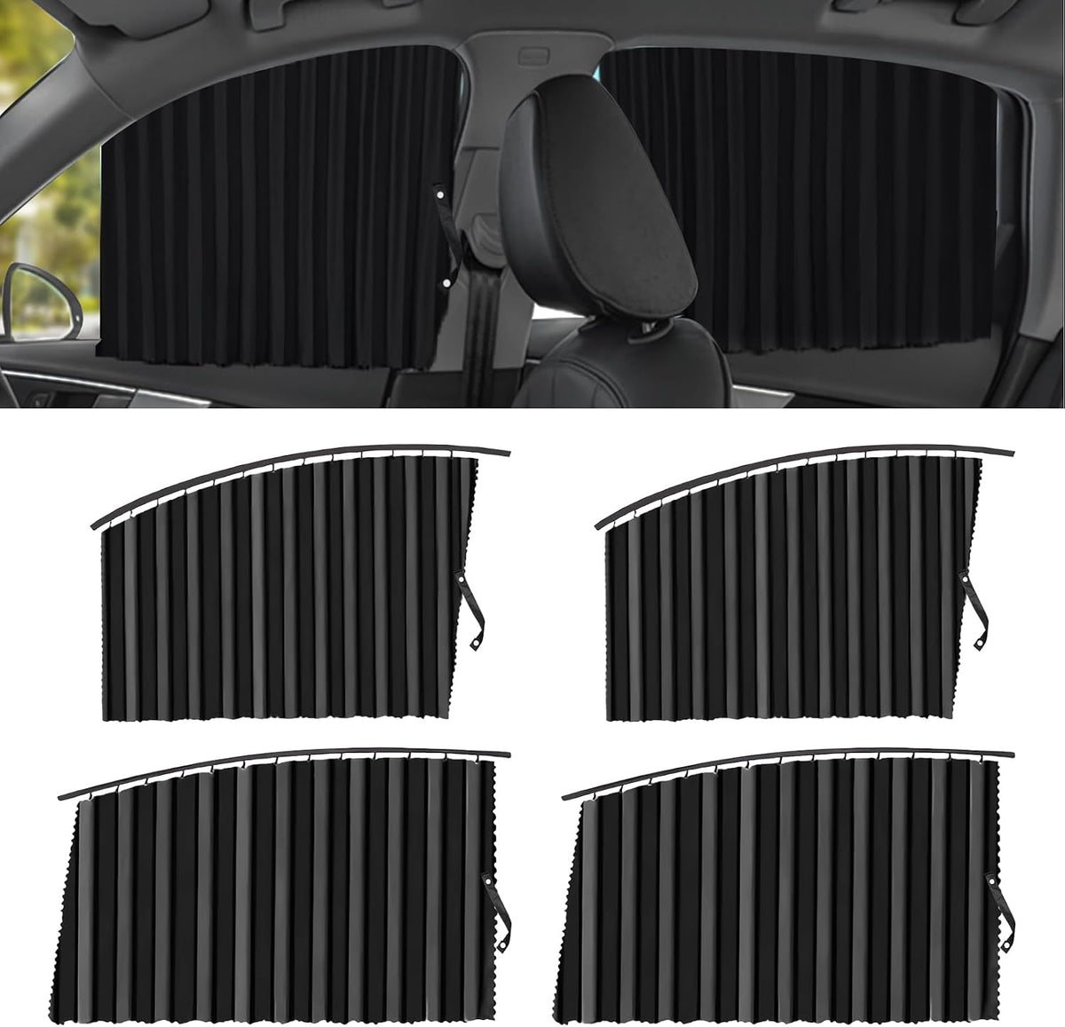 Upgrade 4 Pack Slide Rail Car Window Sun Shades for Side Window Magnetic Car Curtains for Privacy Car Window Covers Blackout Blinds to a Classy Ride for Camping Sleeping (with Straps - Black)