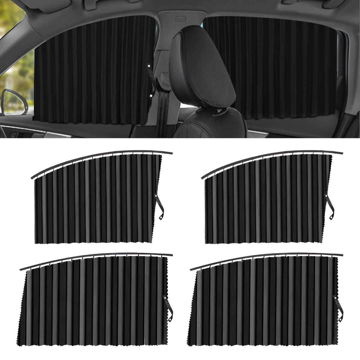 Upgrade 4 Pack Slide Rail Car Window Sun Shades for Side Window Magnetic Car Curtains for Privacy Car Window Covers Blackout Blinds to a Classy Ride for Camping Sleeping (with Straps - Black)