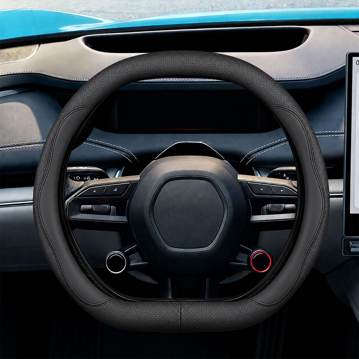 Craedli Black Dual-Line Nappa Leather Car Steering Wheel Cover 14.5-15 Inch
