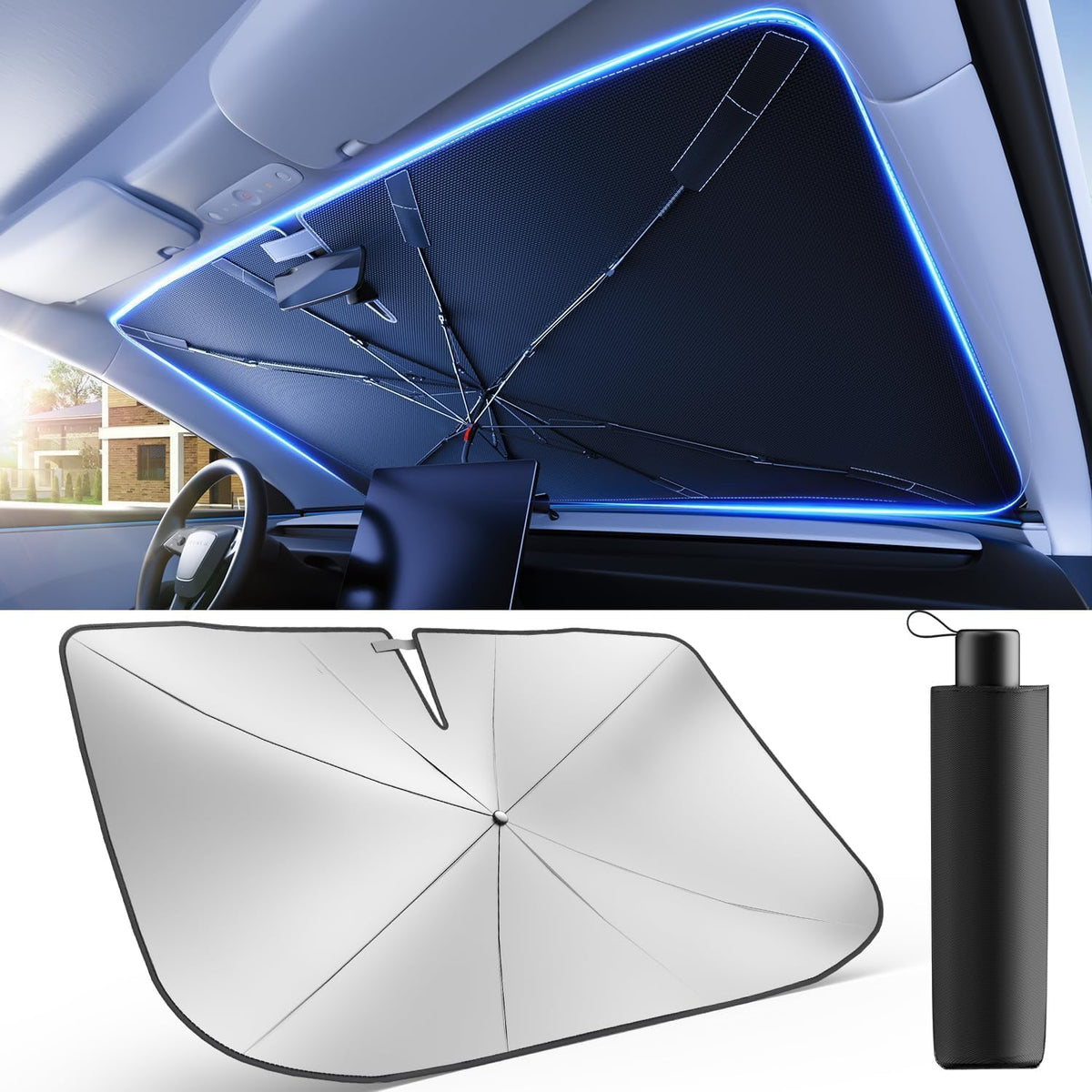 [2026 Upgrade] Weektic Windshield Sun Shade Umbrella [UPF50+ Crystal Nano Reflector] Protect Car from Sun Ray Damage, Umbrella Sun Shade for Car SUV Truck Keep Cool & Comfy, X-Large (64" L x 34" W)