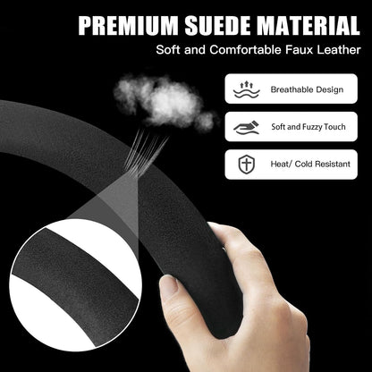 Suede Steering Wheel Cover with Upgraded Silicone Inner Ring, Anti Heat, Breathable, Anti-Slip, Leather Universal 14.5 to 15 inch Steering Wheel Cover (Black and Red, Solid)