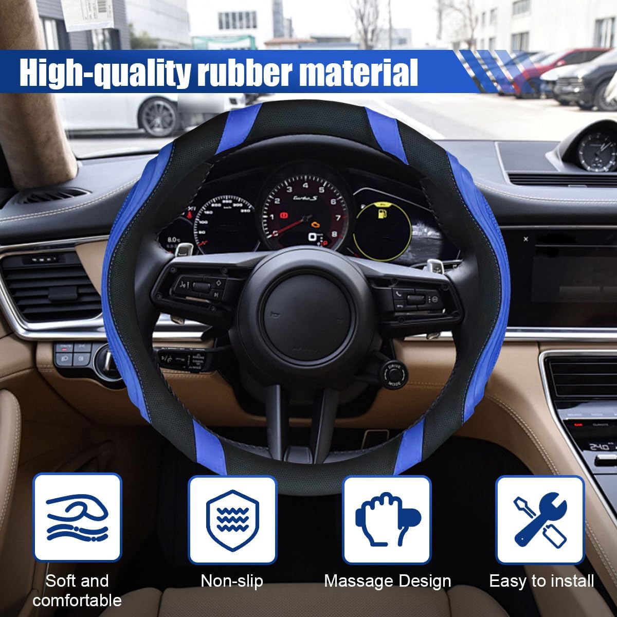 Car Steering Wheel Cover, 15 Inch Leather Anti-Slip Breathable Automotive Steering Wheel Protector, Universal Heat Resistant Vehicle Interior Accessories Cars, SUVs, Trucks(Blue)