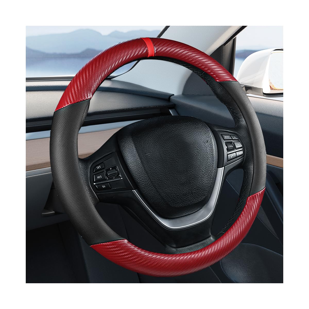 Carbon Fiber Car Steering Wheel Cover, Leather Breathable Automotive Wheel Protector, 15 Inch Anti-Slip Vehicle Interior Steering Accessories, Universal for SUV Truck Sedan (Black)