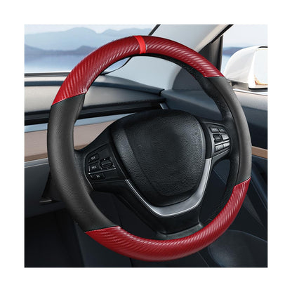 Carbon Fiber Car Steering Wheel Cover, Leather Breathable Automotive Wheel Protector, 15 Inch Anti-Slip Vehicle Interior Steering Accessories, Universal for SUV Truck Sedan (Black)