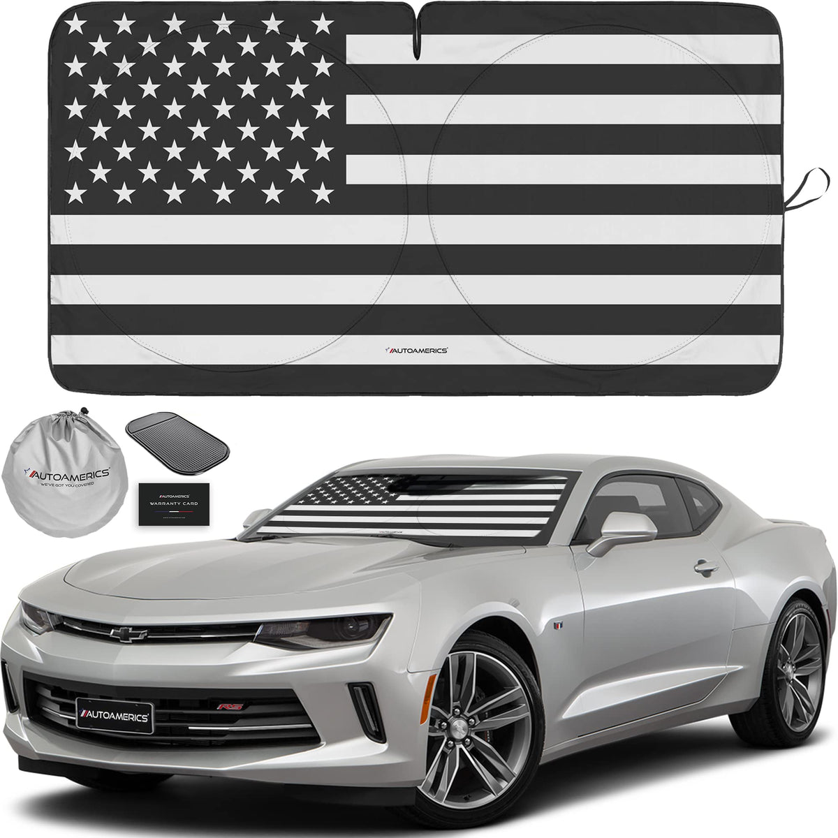 Autoamerics 1-Piece Windshield Sun Shade B&W American Flag USA Patriotic Design - Foldable Car Front Window Sunshade for Most Sedans SUV Truck - Blocks Max UV Rays and Keeps Your Vehicle Cool - Small