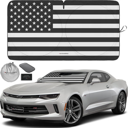 Autoamerics 1-Piece Windshield Sun Shade B&W American Flag USA Patriotic Design - Foldable Car Front Window Sunshade for Most Sedans SUV Truck - Blocks Max UV Rays and Keeps Your Vehicle Cool - Small