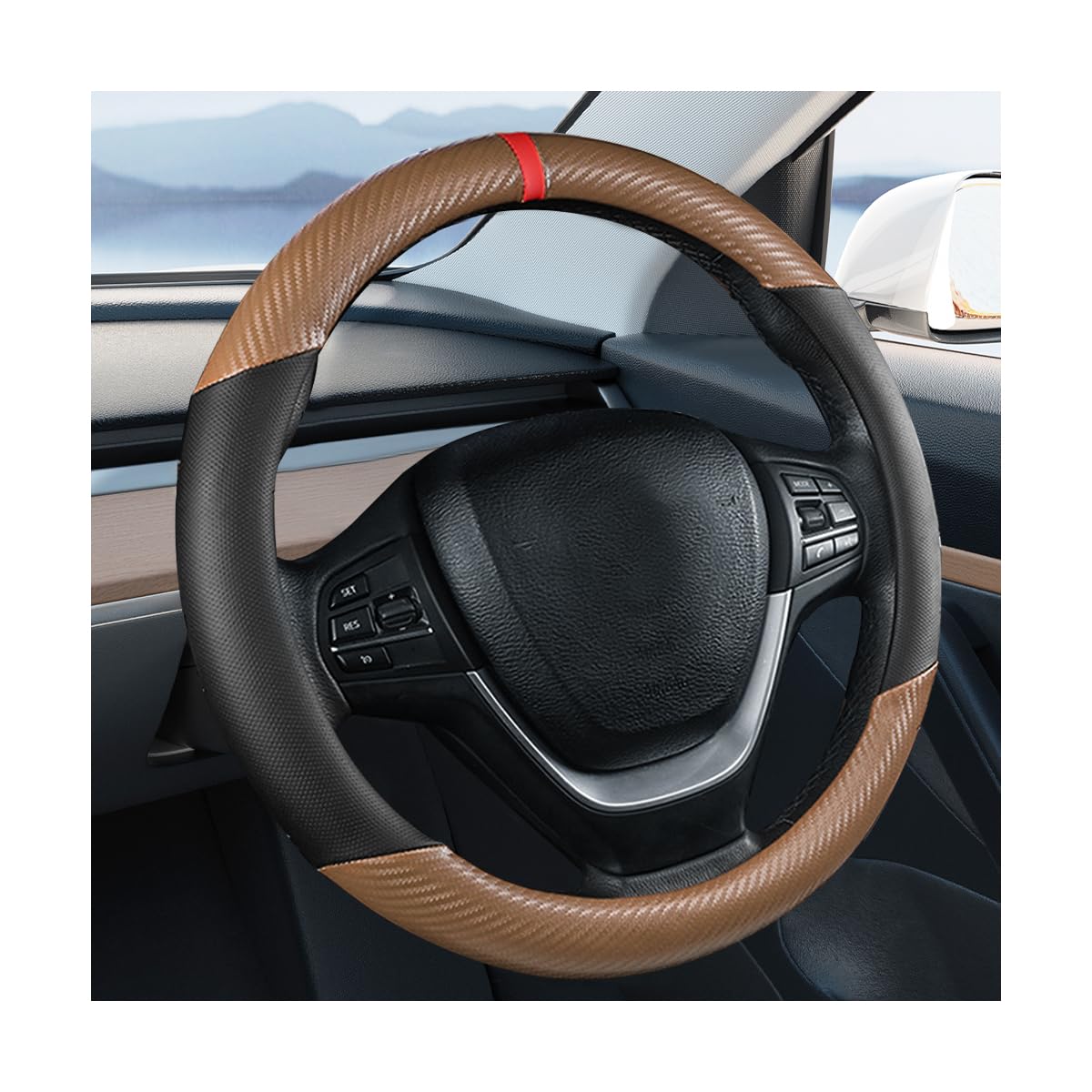 Carbon Fiber Car Steering Wheel Cover, Leather Breathable Automotive Wheel Protector, 15 Inch Anti-Slip Vehicle Interior Steering Accessories, Universal for SUV Truck Sedan (Black)