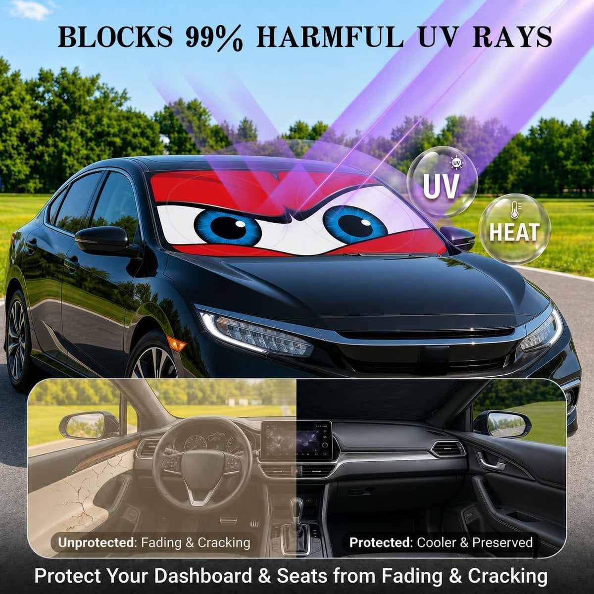 Car Windshield Sun Shade, Universal Fit Compact Sedan SUV, Angry Red
